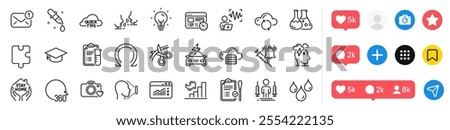 Talk, Growth chart and Puzzle line icons pack. Social media icons. Stress, Car charging, New message web icon. Graduation cap, Vaccine announcement, Web timer pictogram. Vector