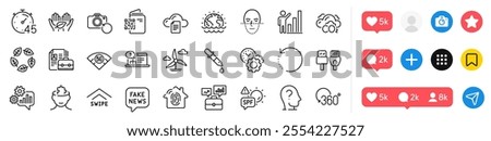 Vacancy, Fair trade and Chemistry pipette line icons pack. Social media icons. Fingerprint access, Time management, Recovery data web icon. Fake news, Psychology, 5g wifi pictogram. Vector