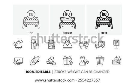 Parking, Eu close borders and Teamwork line icons. Pack of Seo adblock, Notification bell, Corn icon. Elevator, Smile, Edit person pictogram. Trash bin, Add gift, Pin. Line icons. Vector