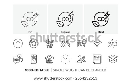 Open box, Time and Fake news line icons. Pack of Storage, Teamwork, Message icon. Swipe up, Currency rate, Loyalty star pictogram. Co2 gas, Startup rocket, Wifi. Payment protection. Line icons. Vector