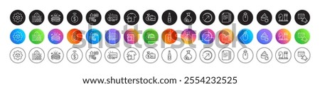 Chess, Bitcoin system and Copy documents line icons. Round icon gradient buttons. Pack of Dirty t-shirt, Direction, Swipe up icon. Build, Cash, Sports arena pictogram. Vector