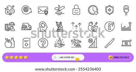 Power info, Fraud and Question mark line icons for web app. Pack of Microscope, Download file, Delivery truck pictogram icons. Medical shield, Mental conundrum, Dating signs. World globe. Vector