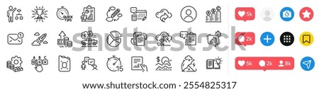 Product knowledge, Account and Trophy line icons pack. Social media icons. Timer, Canister oil, Money web icon. Check investment, Startup rocket, Quick tips pictogram. Vector