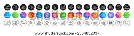 Employees group, Upload and 5g statistics line icons. Round icon gradient buttons. Pack of Computer fingerprint, Online tax, Graph chart icon. Cloud download, Stars, Petrol station pictogram. Vector