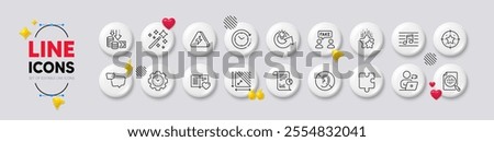 Love book, Lightning bolt and Triangle area line icons. White buttons 3d icons. Pack of No hearing, Deflation, Magic wand icon. Analytics chart, Video conference, Musical note pictogram. Vector