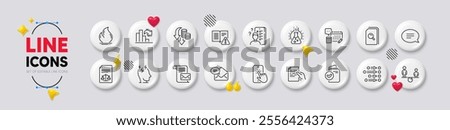 Instruction manual, Chat and Equity line icons. White buttons 3d icons. Pack of New mail, Search files, Chemistry lab icon. Mail letter, Hold document, Fire energy pictogram. Vector