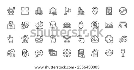 Buildings, Like and Tanning time line icons pack. AI, Question and Answer, Map pin icons. Health skin, Dating, Send mail web icon. Skyscraper buildings, Corrupt, Bordeaux glass pictogram. Vector