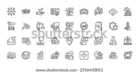 Start business, Confirmed and Shields line icons pack. AI, Question and Answer, Map pin icons. Load document, Update data, Crowdfunding web icon. Vector