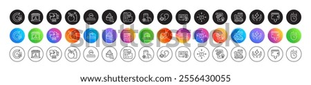 Fast delivery, Apple and Cyber attack line icons. Round icon gradient buttons. Pack of Refrigerator app, Safe energy, Wallet icon. Cogwheel, Uv protection, Market seller pictogram. Vector