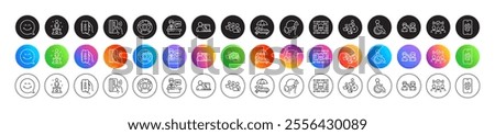 Smile face, Sunbed and Contactless payment line icons. Round icon gradient buttons. Pack of Online education, Squad, Success icon. Binary code, Teamwork, Fingerprint pictogram. Vector