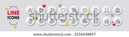 Honeymoon travel, Mental health and Croissant line icons. White buttons 3d icons. Pack of Divider document, Employees group, Pyramid chart icon. Fake news, Travel delay, Safe time pictogram. Vector