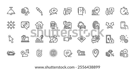 Baggage app, Car and Timer line icons pack. AI, Question and Answer, Map pin icons. Loyalty star, 5g wifi, Text message web icon. Write, Globe, Intersection arrows pictogram. Vector