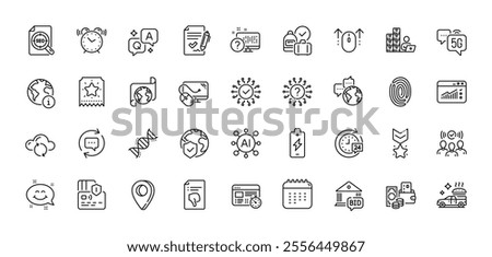 Update comments, Chemistry dna and Fingerprint line icons pack. AI, Question and Answer, Map pin icons. 5g internet, Web traffic, Alarm clock web icon. Vector