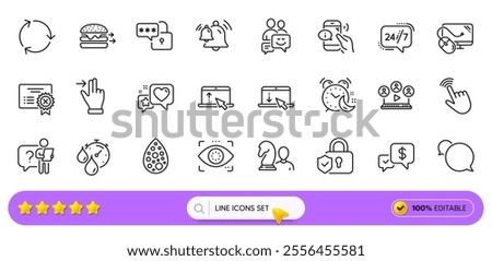 Video conference, Touchscreen gesture and Lock line icons for web app. Pack of Heart, Food delivery, Swipe up pictogram icons. 24h service, Alarm, Security lock signs. Reject certificate. Vector