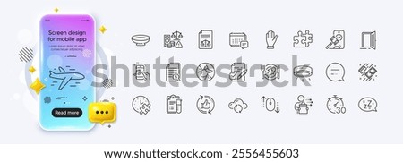 Seafood, Music phone and Cloud sync line icons for web app. Phone mockup gradient screen. Pack of Legal documents, Message, Sleep pictogram icons. Auction, Text message, Refresh like signs. Vector