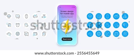 Chat bubble, Wind energy and Cough line icons. Phone mockup with 3d energy icon. Pack of 360 degrees, Smartwatch, Face detect icon. Qr code, Weather forecast, Clipboard pictogram. Vector