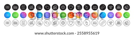 Typewriter, Scroll down and Fitness app line icons. Round icon gradient buttons. Pack of Equality, Touchscreen gesture, Dog bone icon. Messenger, Upload file, Question mark pictogram. Vector