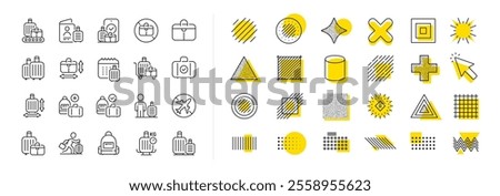 Travel bag size, Check weight and Backpack set. Design shape elements. Baggage line icons. Airport luggage belt, handbag dimensions and baggage claim line icons. Vector