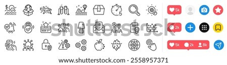 Chemistry beaker, Search flight and Fingerprint lock line icons pack. Social media icons. Timer, 5g internet, House security web icon. Ab testing, Research, Delivery service pictogram. Vector