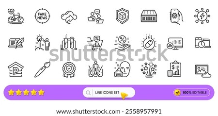 Photo cloud, Time management and App settings line icons for web app. Pack of Fireworks stars, Parking, Discounts cart pictogram icons. Dice, Face cream, Cloud share signs. Search bar. Vector