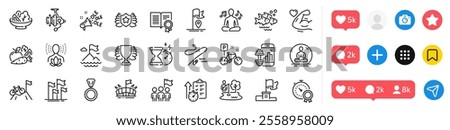 Hourglass timer, Strong arm and Fishing reel line icons pack. Social media icons. Yoga, Winner flag, Vegetables web icon. Timer, Yoga music, Fishing place pictogram. Vector