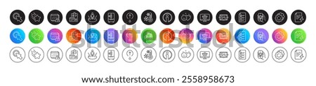 Info, Voting ballot and Report line icons. Round icon gradient buttons. Pack of Settings gears, Freezing, Award app icon. Smile, Image carousel, Refrigerator pictogram. Vector