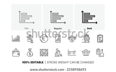 Pos terminal, Wallet and Buying currency line icons. Pack of Grocery basket, Clipboard, Horizontal chart icon. Binary code, Graph chart, Checklist pictogram. Shop cart, Euro money. Line icons. Vector