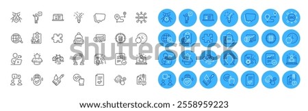 Puzzle, Inspect and Approved checklist line icons pack. Bike, Inspiration, Best manager web icon. Brush, Interview, Video conference pictogram. Search employee, Checked calculation, Agent. Vector