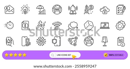 Wifi, Settings gears and Dice line icons for web app. Pack of Chat message, Video conference, Table lamp pictogram icons. Lock, Fake news, Phone pay signs. 5g technology, Timer, Dollar rate. Vector