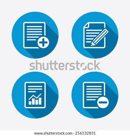 File document icons. Document with chart or graph symbol. Edit content with pencil sign. Add file. Circle concept web buttons. Vector