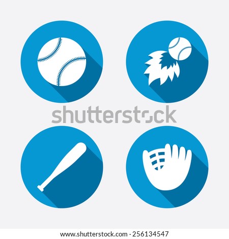 Baseball sport icons. Ball with glove and bat signs. Fireball symbol. Circle concept web buttons. Vector