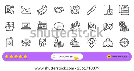 Chat, Tips and Phone download line icons for web app. Pack of Discount, Express delivery, Teamwork pictogram icons. Oil barrel, Heart, Inspect signs. Locked app, Handshake, Shipment. Vector