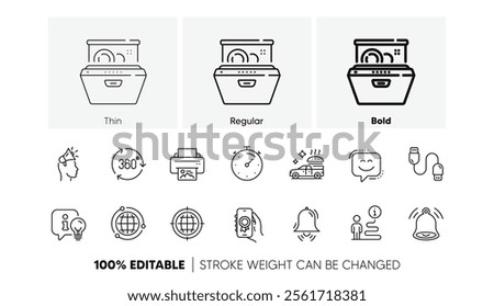 360 degree, Timer and Clock bell line icons. Pack of Seo internet, Smile face, Award app icon. Food delivery, Dishwasher, Print image pictogram. Globe, Lamp, Charging cable. Line icons. Vector