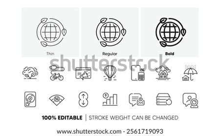 Hdd, Building and Co2 gas line icons. Pack of Electric bike, Air balloon, Phone calculator icon. Graph chart, Seo marketing, Video conference pictogram. Eco energy, Recovery server. Line icons. Vector