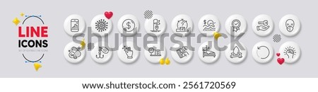 Tested stamp, Sleep and Online test line icons. White buttons 3d icons. Pack of Empower, Medical mask, Quiz icon. Buying house, Flag, Credit card pictogram. Vector