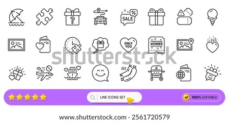 Travel passport, Tickets and Puzzle line icons for web app. Pack of Discounts bubble, Photo, Journey pictogram icons. Ice cream, Secret gift, Gift box signs. Photo location, Smile. Search bar. Vector