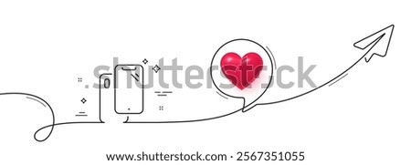 Smartphone line icon. Continuous line with share plane. Phone cover sign. Mobile device symbol. 3d heart in speech bubble. Smartphone single line ribbon. Loop curve pattern. Vector