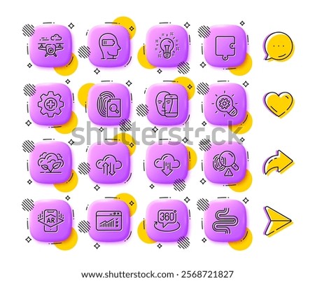 Co2 gas, Cloud download and Face biometrics line icons. App 3d buttons. Social media comment, share, like icons. Pack of Medicine, Cogwheel, Cloud sync icon. Vector