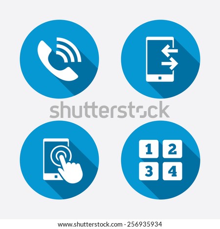 Phone icons. Touch screen smartphone sign. Call center support symbol. Cellphone keyboard symbol. Incoming and outcoming calls. Circle concept web buttons. Vector