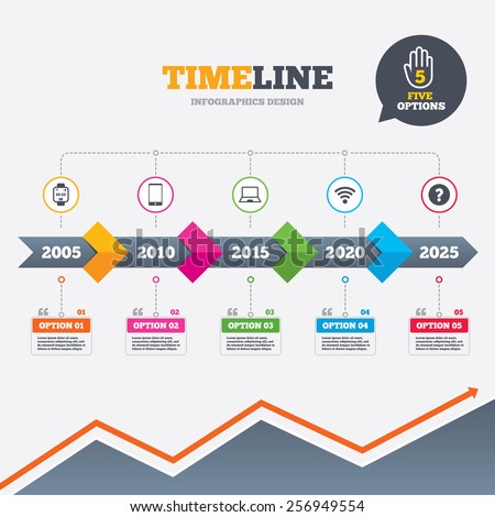 Timeline infographic with arrows. Notebook and smartphone icons. Smart watch symbol. Wi-fi and battery energy signs. Wireless Network symbol. Mobile devices. Five options with hand. Growth chart.