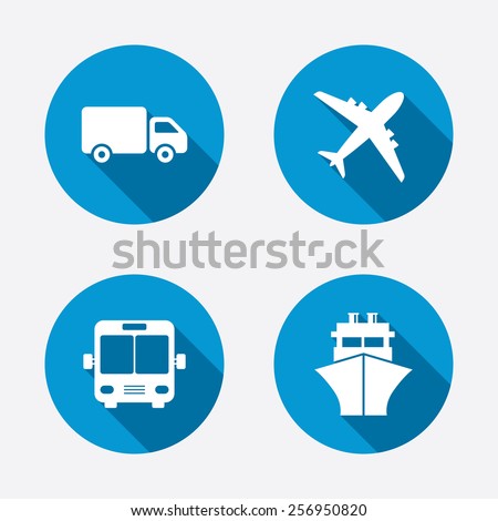Transport icons. Truck, Airplane, Public bus and Ship signs. Shipping delivery symbol. Air mail delivery sign. Circle concept web buttons. Vector