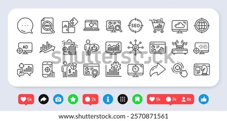 Seo line icons. Social media: share, comment, like icons. Set of Business Ad strategy, Increase sales and Website optimization icons. Puzzle, Web seo timer and Analytics increase graph. Vector