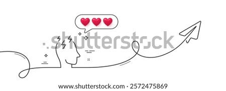 Stress line icon. Continuous line with share plane. Anxiety depression sign. Mental health symbol. Hearts rate review in speech bubble. Stress single line ribbon. Loop curve pattern. Vector