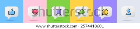 Like thumb up, heart, repost, comment, share social media icons. 3D speech bubbles with notification icons. Social media like, friend profile and message. Bookmark, thumb up hand icon. Vector