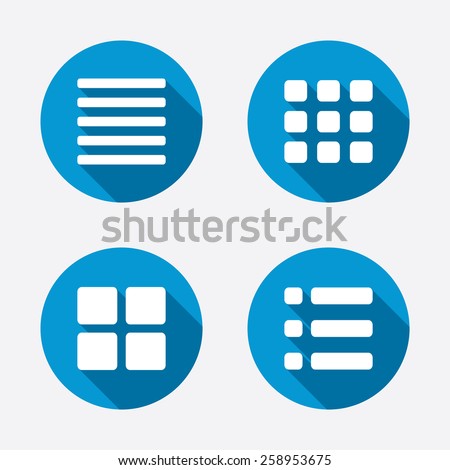 List menu icons. Content view options symbols. Thumbnails grid or Gallery view. Circle concept web buttons. Vector