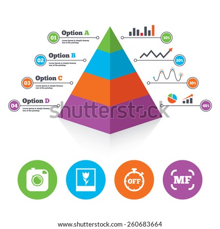 Pyramid chart template. Hipster retro photo camera icon. Manual focus symbols. Stopwatch timer off sign. Macro symbol. Infographic progress diagram. Vector