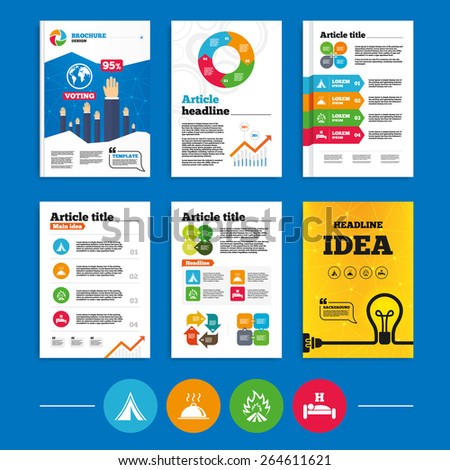 Brochure or flyers design. Hot food, sleep, camping tent and fire icons. Hotel or bed and breakfast. Road signs. Business poll results infographics. Vector