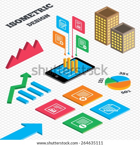 Isometric design. Graph and pie chart. File document icons. Document with chart or graph symbol. Edit content with pencil sign. Add file. Tall city buildings with windows. Vector