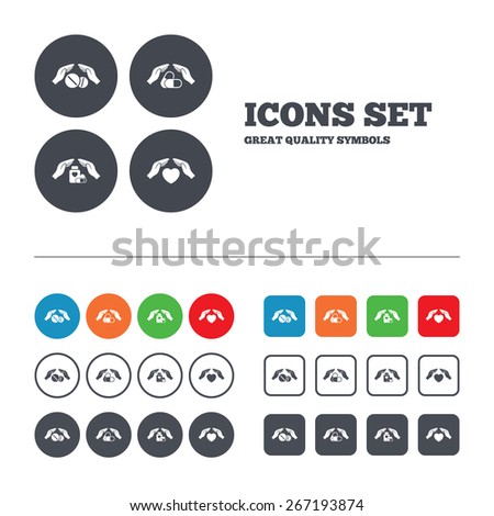 Hands insurance icons. Health medical insurance symbols. Pills drugs and tablets bottle signs. Web buttons set. Circles and squares templates. Vector