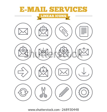 Mail services linear icons set. Send mail, paper clip and download arrow symbols. Scissors, pencil and refresh thin outline signs. Receive, select and delete mail. Flat vector